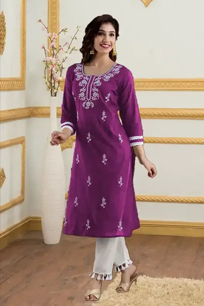 Stylish Cotton Blend Embroidered A-Line Kurtis