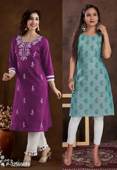 Stylish Multicoloured Cotton Blend Embroidered Kurta For Women Pack Of 2-thumb0