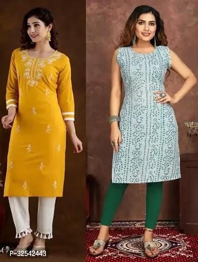 Elegant Cotton Blend Embroidered Kurta For Women- Pack Of 2