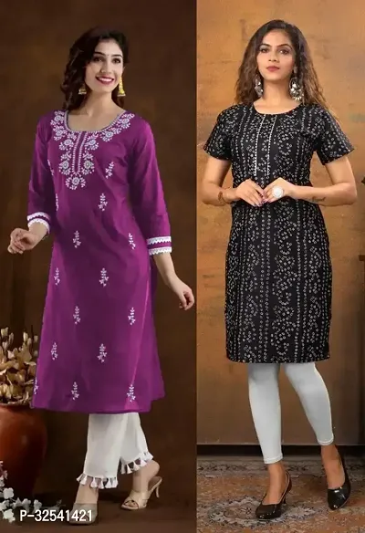 Elegant Cotton Blend Embroidered Kurta For Women- Pack Of 2-thumb0