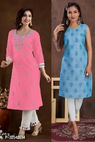 Elegant Cotton Blend Embroidered Kurta For Women- Pack Of 2