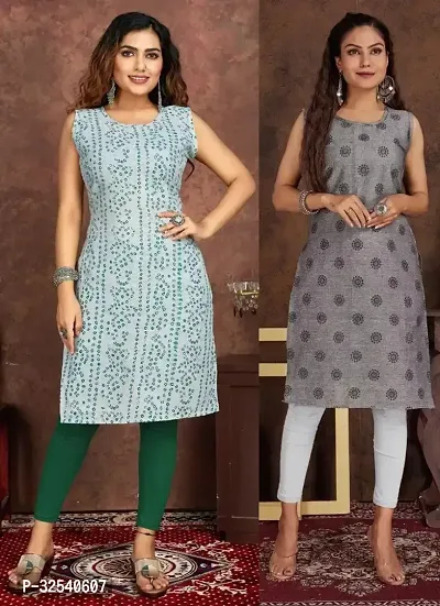 Elegant Cotton Blend Printed Kurta For Women- Pack Of 2