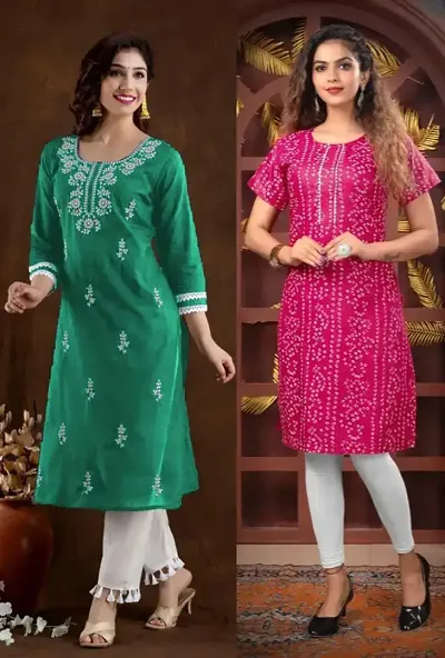 Stylish Cotton Blend Embroidered A-Line Kurtis - Pack Of 2