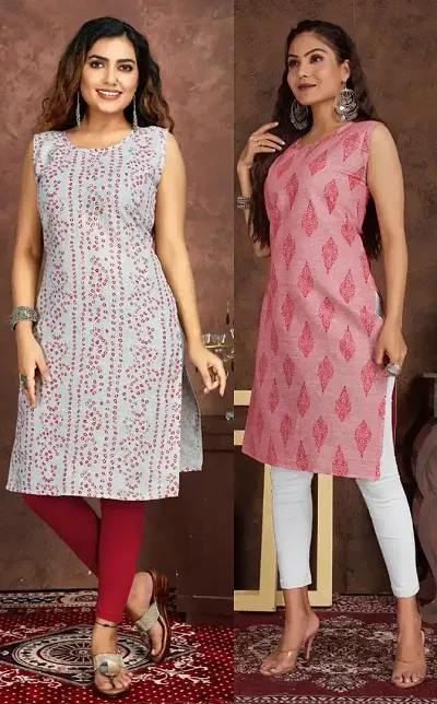 Stylish Cotton Blend Printed Straight Kurtis - Pack Of 2