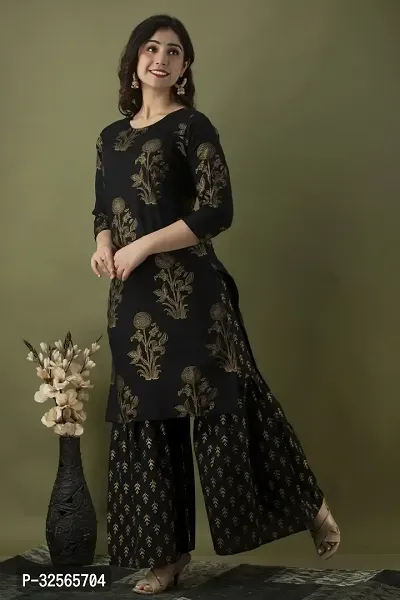 Stylish Black Cotton Blend Printed Kurta Bottom Set For Women-thumb0