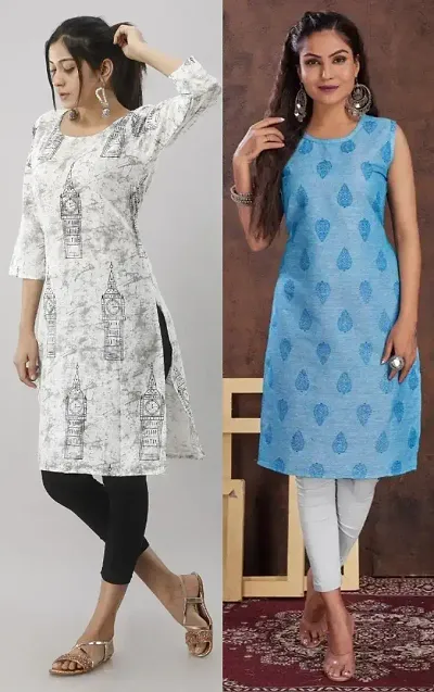 Stylish Cotton Blend Printed Straight Kurtis - Pack Of 2