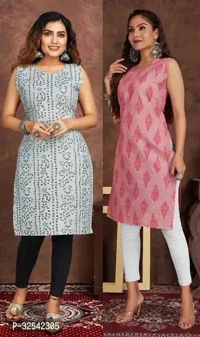 Elegant Cotton Blend Printed Kurta For Women- Pack Of 2-thumb0