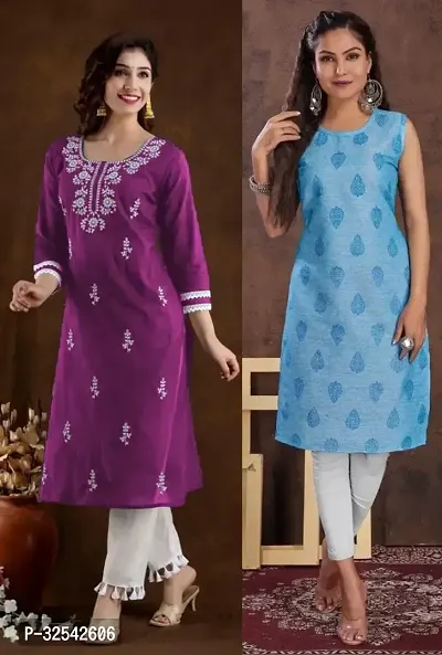 Elegant Cotton Blend Embroidered Kurta For Women- Pack Of 2