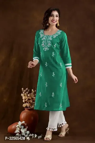 Stylish Green Cotton Blend Embroidered Kurta For Women