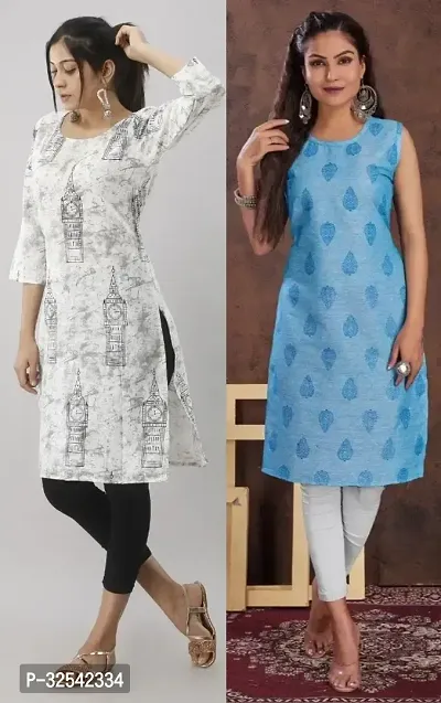 Elegant Cotton Blend Printed Kurta For Women- Pack Of 2-thumb0