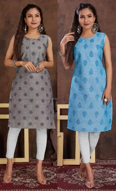 Stylish Cotton Blend Printed Straight Kurtis - Pack Of 2