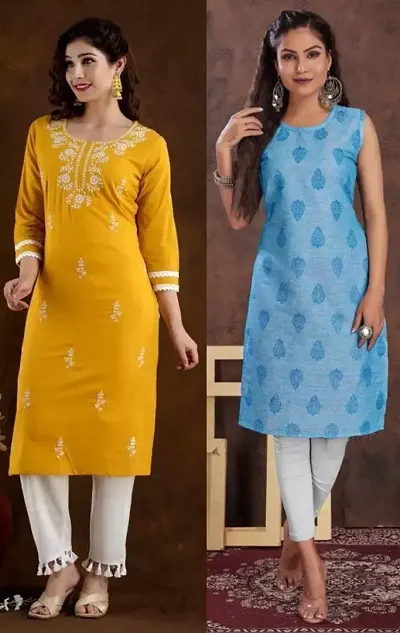 Stylish Cotton Blend Straight Embroidered Kurtis - Pack Of 2