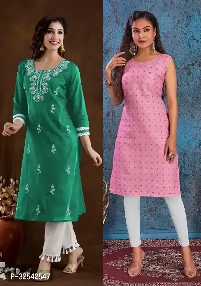 Elegant Cotton Blend Embroidered Kurta For Women- Pack Of 2