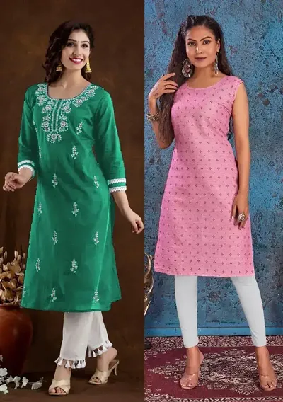 Stylish Cotton Blend Embroidered Straight Kurtis - Pack Of 2