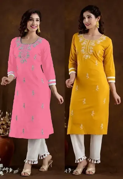 Stylish Cotton Blend Straight Embroidered Kurtis - Pack Of 2