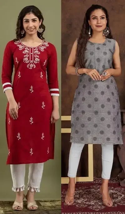 Stylish Cotton Blend Embroidered Straight Kurtis - Pack Of 2