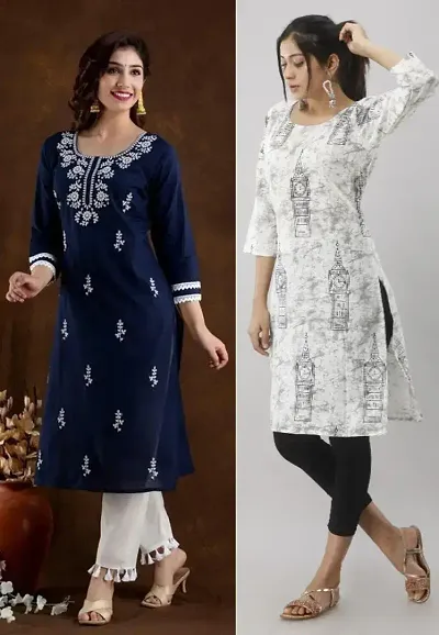 Stylish Cotton Blend Embroidered A-Line Kurtis - Pack Of 2