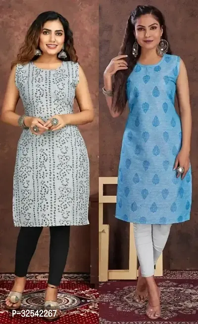 Elegant Cotton Blend Printed Kurta For Women- Pack Of 2-thumb0