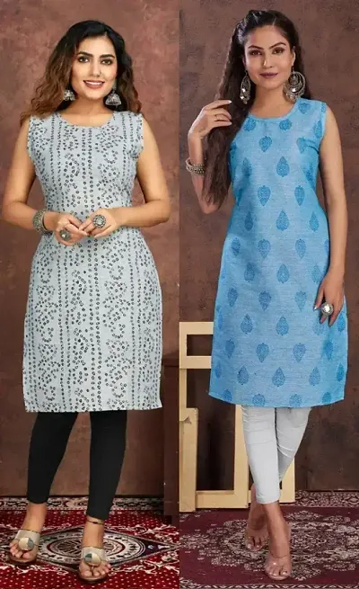 Stylish Cotton Blend Printed Straight Kurtis - Pack Of 2