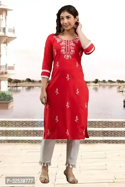 Stylish Red Cotton Blend Kurta For Women-thumb0