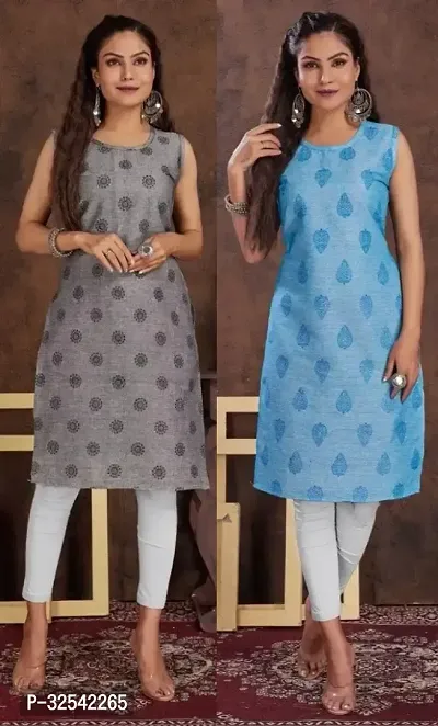 Elegant Cotton Blend Printed Kurta For Women- Pack Of 2-thumb0