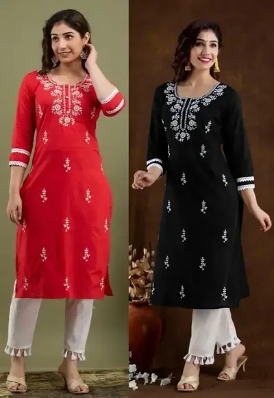 Stylish Cotton Blend Embroidered Straight Kurtis - Pack Of 2