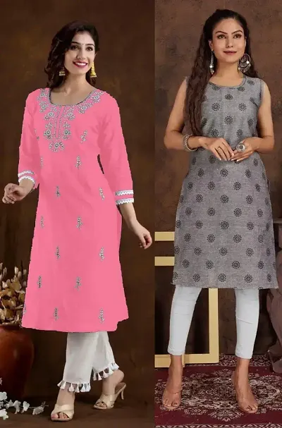 Stylish Cotton Blend Straight Embroidered Kurtis - Pack Of 2