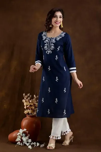 Intricate Cotton Blend Embroidered Kurta For Women