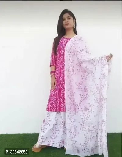 Reliable Printed Rayon Kurta with Bottom And Dupatta Set For Women