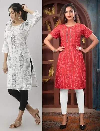 Stylish Cotton Blend Straight Embroidered Kurtis - Pack Of 2