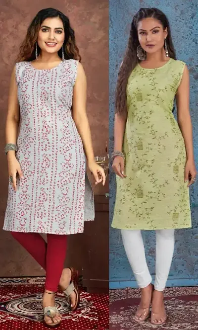 Stylish Cotton Blend Printed Straight Kurtis - Pack Of 2