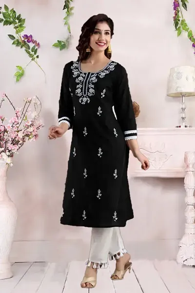 Stylish Cotton Blend Embroidered A-Line Kurtis