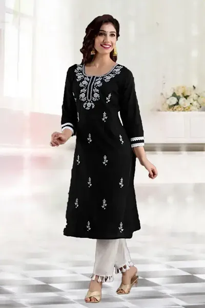 Stylish Cotton Blend Embroidered A-Line Kurtis