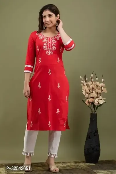 Elegant Cotton Blend Embroidered Kurta For Women-thumb0