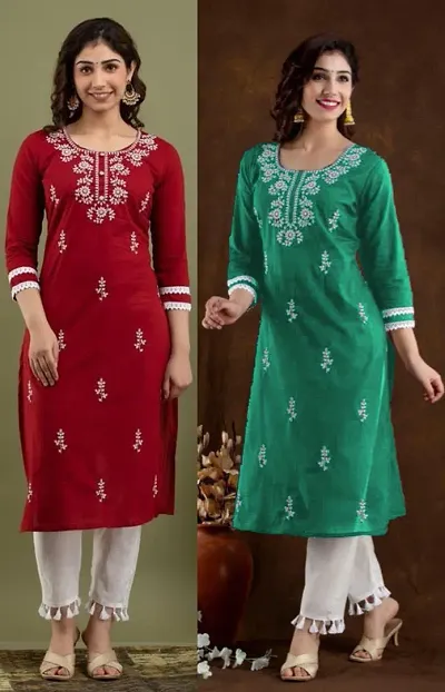 Stylish Cotton Blend Embroidered Straight Kurtis - Pack Of 2