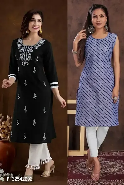 Elegant Cotton Blend Embroidered Kurta For Women- Pack Of 2-thumb0