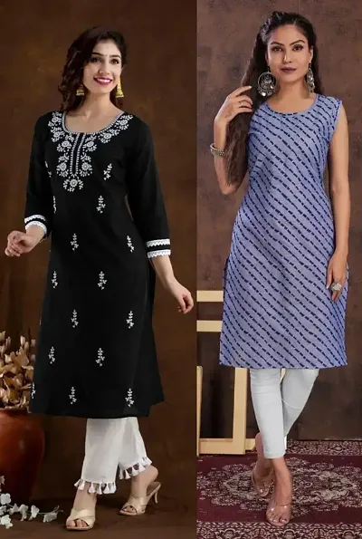 Stylish Cotton Blend Embroidered Straight Kurtis - Pack Of 2