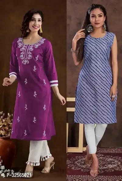 Stylish Multicoloured Cotton Blend Embroidered Kurta For Women Pack Of 2-thumb0