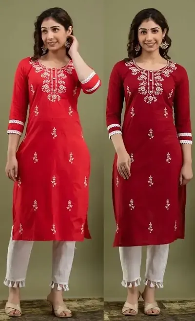 Stylish Cotton Blend Embroidered Straight Kurtis - Pack Of 2