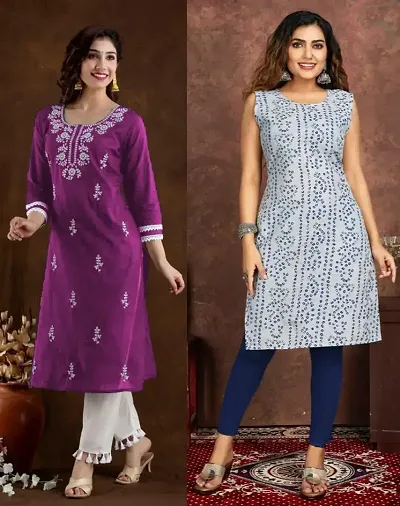 Stylish Cotton Blend Embroidered Straight Kurtis - Pack Of 2