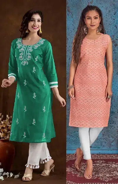 Stylish Cotton Blend Straight Embroidered Kurtis - Pack Of 2