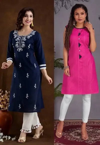 Stylish Cotton Blend Straight Embroidered Kurtis - Pack Of 2