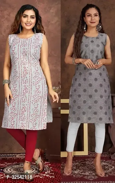 Elegant Cotton Blend Printed Kurta For Women- Pack Of 2-thumb0