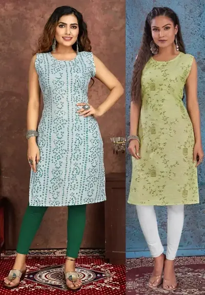 Stylish Cotton Blend Printed Straight Kurtis - Pack Of 2