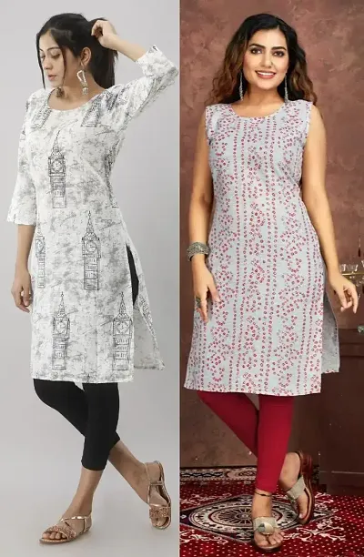 Stylish Cotton Blend Printed Straight Kurtis - Pack Of 2