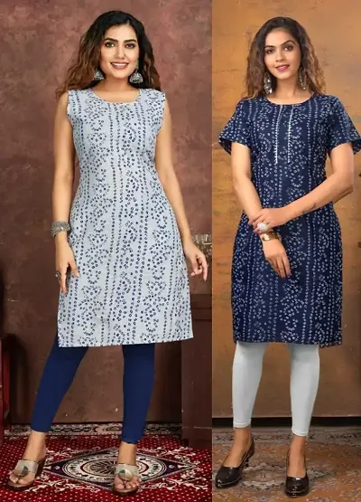 Stylish Cotton Blend Printed Straight Kurtis - Pack Of 2