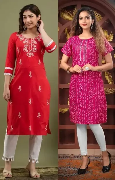 Stylish Cotton Blend Embroidered A-Line Kurtis - Pack Of 2