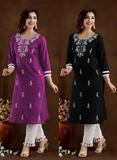 Stylish Cotton Blend Straight Embroidered Kurtis - Pack Of 2