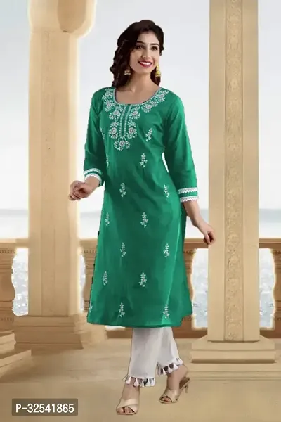 Elegant Cotton Blend Embroidered Kurta For Women-thumb0