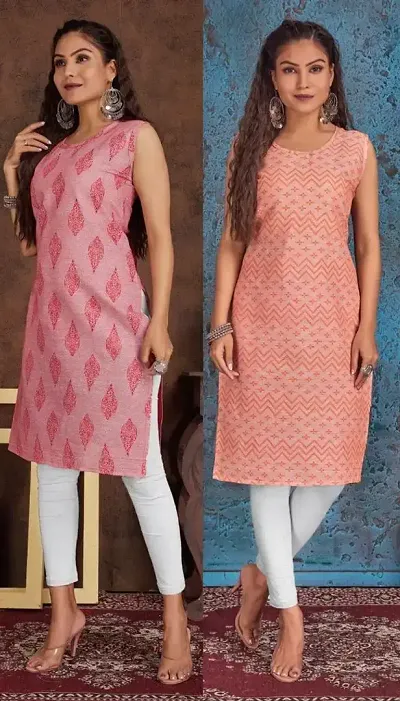 Stylish Cotton Blend Printed Straight Kurtis - Pack Of 2